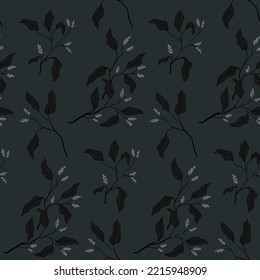 Seamless botanical pattern, vintage floral print with dry branch. Abstract botanical composition of hand drawn branches with small tassels of flowers, leaves on a dark background. Vector illustration.