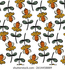 Seamless botanical pattern with whimsical orange and yellow flowers, soft green leaves, and hand-drawn charm – perfect for spring designs, kids' decor, fabric prints, and cheerful crafts.