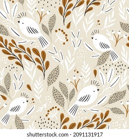 Seamless botanical pattern with white birds and floral surrounding. Delicate bird texture for fabric, textile, wallpaper. Vector illustration