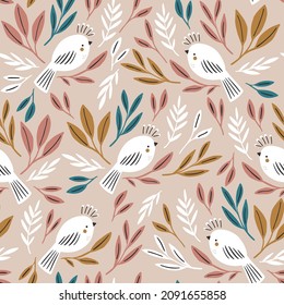 Seamless botanical pattern with white birds and delicate  colorful leaves. Minimalistic bird texture for fabric, textile, wallpaper. Vector illustration