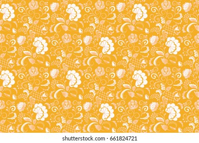Seamless botanical pattern with white flowers on a yellow background