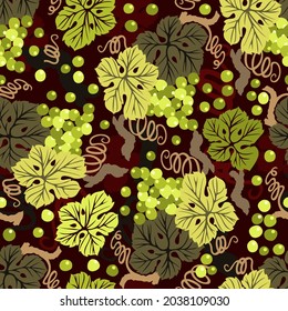 Seamless botanical pattern with white grapes and grape leaves on dark brown background.