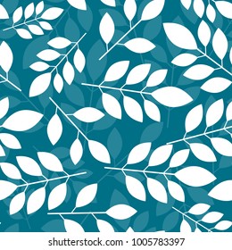 Seamless Botanical pattern with white leaves on a blue background. Vector illustration.