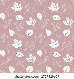 Patrón botánico sin fisuras con hojas blancas sobre fondo rosa suave. Diseño elegante minimalista con varias Formas de hojas. Patrón de Vector para Fondos de pantalla, textiles, papel de embalaje, embalaje.