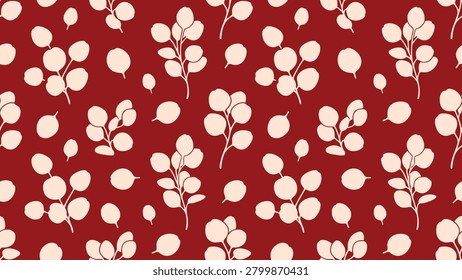 Seamless botanical pattern with white leaves and berries on deep red background
