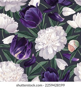 Seamless botanical pattern with white peonies and dark purple tulips on dark background. Realistic hand-drawn vector flowers. Template for textiles, surface design, wallpaper, clothing prints, cards