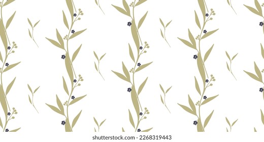 Seamless botanical pattern of wild flowers and greenery leaves.