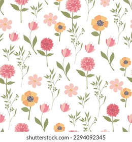 Seamless botanical pattern with wild flowers and herbs on a white background. Asters and chrysanthemums, forget-me-nots and heather. Printing on fabric and paper