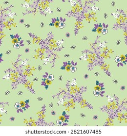 Seamless botanical pattern with yellow and purple flower bouquets on soft green background, seamless