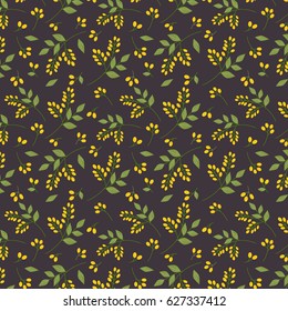Seamless botanical pattern yellow seaberries green twigs leaves allover print on dark purple background, fabric, tapestry, wallpaper, gift wrap design
