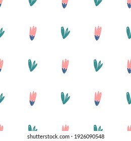 Patrón vegetal botánico sin soldadura, flores, hojas y ramas sobre fondo blanco, ideal para su aplicación en tela o papel