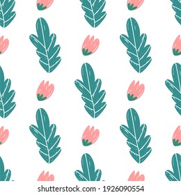 Seamless botanical plant pattern, flowers, leaves and branches on a white background, ideal for application on fabric or paper