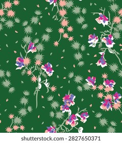 Seamless botanical print featuring pink and purple flowers on dark green background, seamless