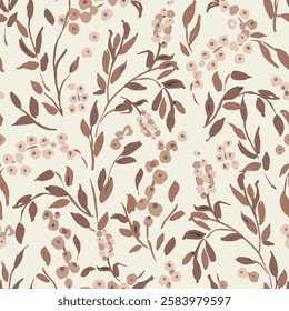 Seamless botanical repeat pattern with elegant hand drawn berries and leaves in brown mocha mousse colors on on cream background. Tonal tan latte brown all over floral surface design.