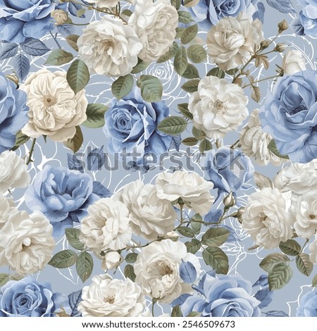 Seamless botanical rose pattern designed for textile and wallpaper applications. This classic floral design works well for fabric prints, surface design, and decorative backgrounds.