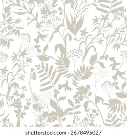 Padrão de vetor de silhueta botânica sem costura de ervas selvagens deixa o fundo floral para a decoração moderna.