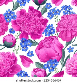 Seamless botanical spring vector pattern. Pink and blue realistic peony and forget-me-not flowers. Repeating pattern for textiles, design your product, prints for clothes, cards, surface design
