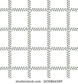 Seamless botanical square grid pattern with olive green leaves on white background.  Elegant and nature-inspired, perfect for wrapping paper, textiles, stationery, wallpapers, and eco-friendly designs