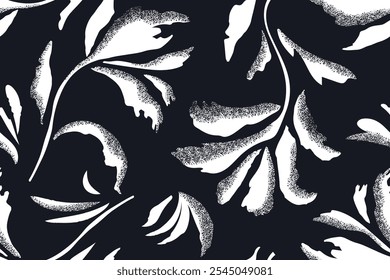 Seamless botanical texture pattern monochrome modern collage from drawings of various flowers, branches, hand drawn ink sketch. White vector illustration on black background.