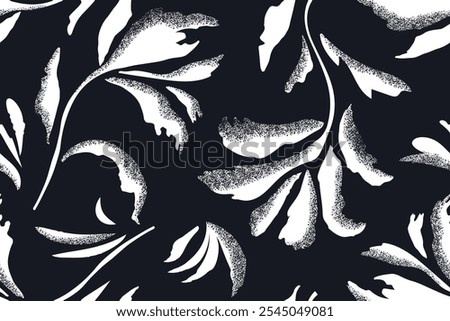 Seamless botanical texture pattern monochrome modern collage from drawings of various flowers, branches, hand drawn ink sketch. White vector illustration on black background.