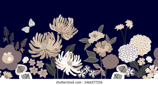 Seamless botanical vector border with Japanese motifs. Beautiful asters, chrysanthemums and other garden flowers on black background. Oriental textile collection.