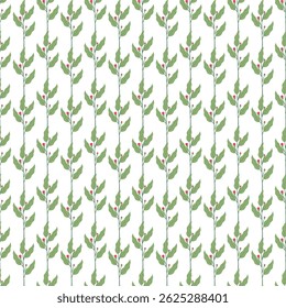 Seamless botanical vector illustration of repeating green stems with leaves and pink floral elements, ideal for decorative design usage, fabric printing, 