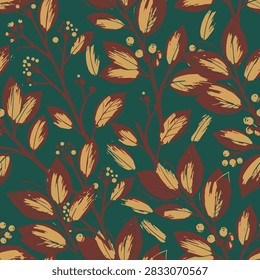 Seamless botanical vector pattern of brush stroke Ilex aquifolium leaves and berries in emerald, burgundy, and gold. Perfect for textile print.