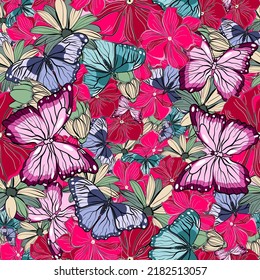 Seamless botanical vector pattern with butterflies and flowers 