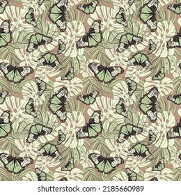 Seamless botanical vector pattern with butterflies and monstera leaves on a brown background 