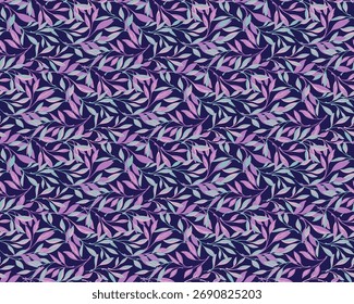 Seamless botanical vector pattern with elegant pastel leaves in pink, blue, and lavender on a deep navy background. Perfect for fabric, wallpaper, wrapping paper, stationery