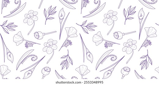 Seamless botanical vector pattern featuring delicate floral and leaf outlines in purple on a white background. Perfect for fabric, wallpaper, and packaging designs with an elegant touch.