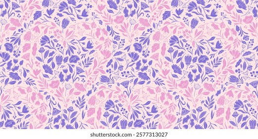 Seamless botanical vector pattern featuring pink flowers arranged as a heart shapes merged into purple organic mix of foliage and berries on light background. Elegant romantic design.