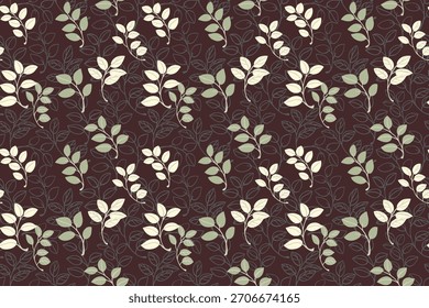 Padrão de vetor botânico sem costura com ramos de folha desenhados à mão em creme macio e tons sábios em um fundo marrom profundo. Elegante, orgânico e para têxteis, embalagem e decoração