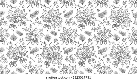 Seamless botanical vector pattern featuring elegant black and white line art of maple leaf clusters, acorns, pine needles, and berries on a white background for textiles and paper.
