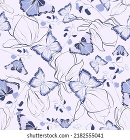 Seamless botanical vector pattern with magnolia flowers, eucalyptus and butterflies on a violet background 