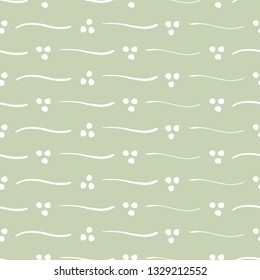 Seamless botanical vector pattern. Soft green background with white elements. Ideal for backgrounds or textiles. 