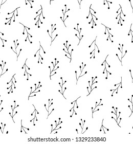 Seamless botanical vector pattern. White background with black elements, Ideal for backgrounds or textiles. 