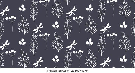 Seamless botanical vector. White leaves, branches of berries and dragonflies on a dark blue background. Abstract botanical pattern. .