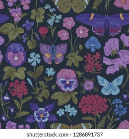 Seamless botanical vintage pattern. Vector illustration. Meadow and garden butterflies and flowers. Deep colors

