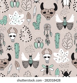 Seamless botanical western cowboy and indian feather skull garden ranch and cactus illustration background pattern in vector