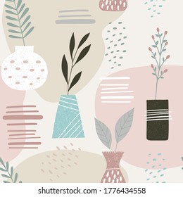 Seamless botany pattern. Abstract art print. Neutral modern graphics, simple shapes & foliage. Vector illustration in pastel colors.