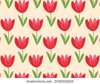 Padrão de tulipas de botânica sem costura, ilustração vetorial rosa e fundo de tulipas verde.