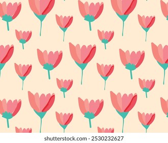 Padrão de tulipas de botânica sem costura, ilustração vetorial rosa e fundo de tulipas verde.