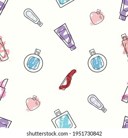 Seamless bottle of perfume pattern. Pattern illustration with cosmetic beauty product. Linear pattern with colorful perfume bottles. 