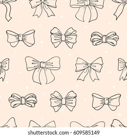 Seamless bow pattern on pink background. Hand drawn ribbons and bows vector illustration.