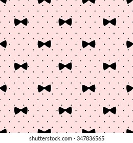 Seamless bow pattern on polka dots background. Cute fashion illustration. Decorative baby shower background.