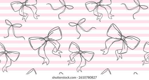 Seamless Bow Pattern with Pink Striped Background.Seamless pattern featuring hand-drawn black bow vector illustrations on a soft pink and white striped background