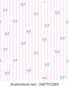 Padrão de arco sem costura com faixa no arco azul e fundo de faixa rosa no estipe e branco . Coquette e balletcore estética. Arcos de fita listrados vintage