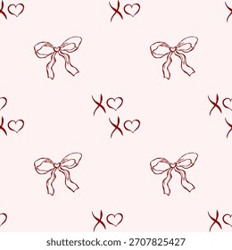 Seamless bow, ribbon and xoxo pattern with hand-drawn outline elements for valentine, birthday and wedding design, packaging, fabric and wallpaper use.