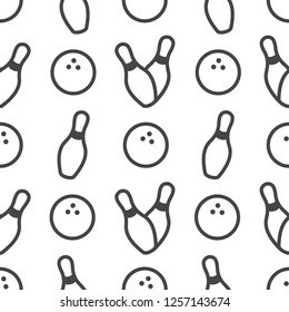 Seamless bowling vector pattern. Bowling pins with ball icon. Sport background. Sport background. Bowling backdrop. Wrapping paper. Vector icon.
